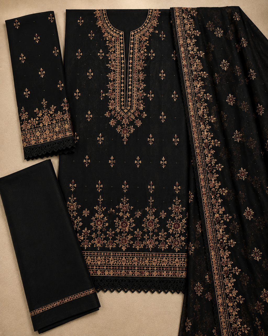 3-Piece Black Embroidered Lawn Suit - Flat lay showing kameez, trouser and dupatta