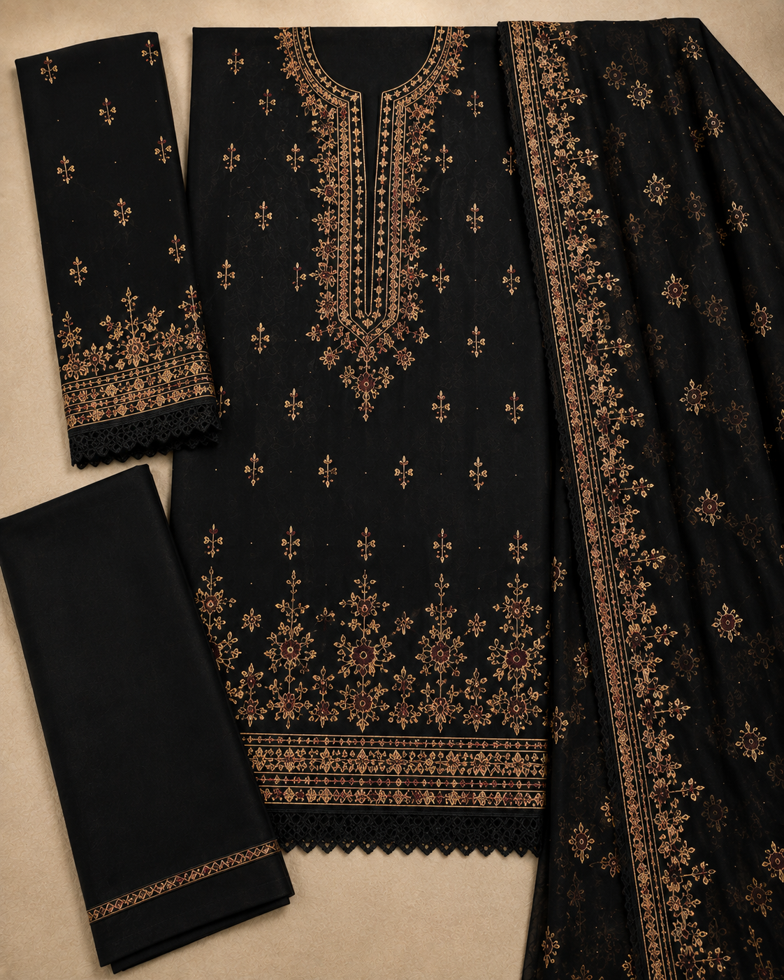 3-Piece Black Embroidered Lawn Suit - Flat lay showing kameez, trouser and dupatta