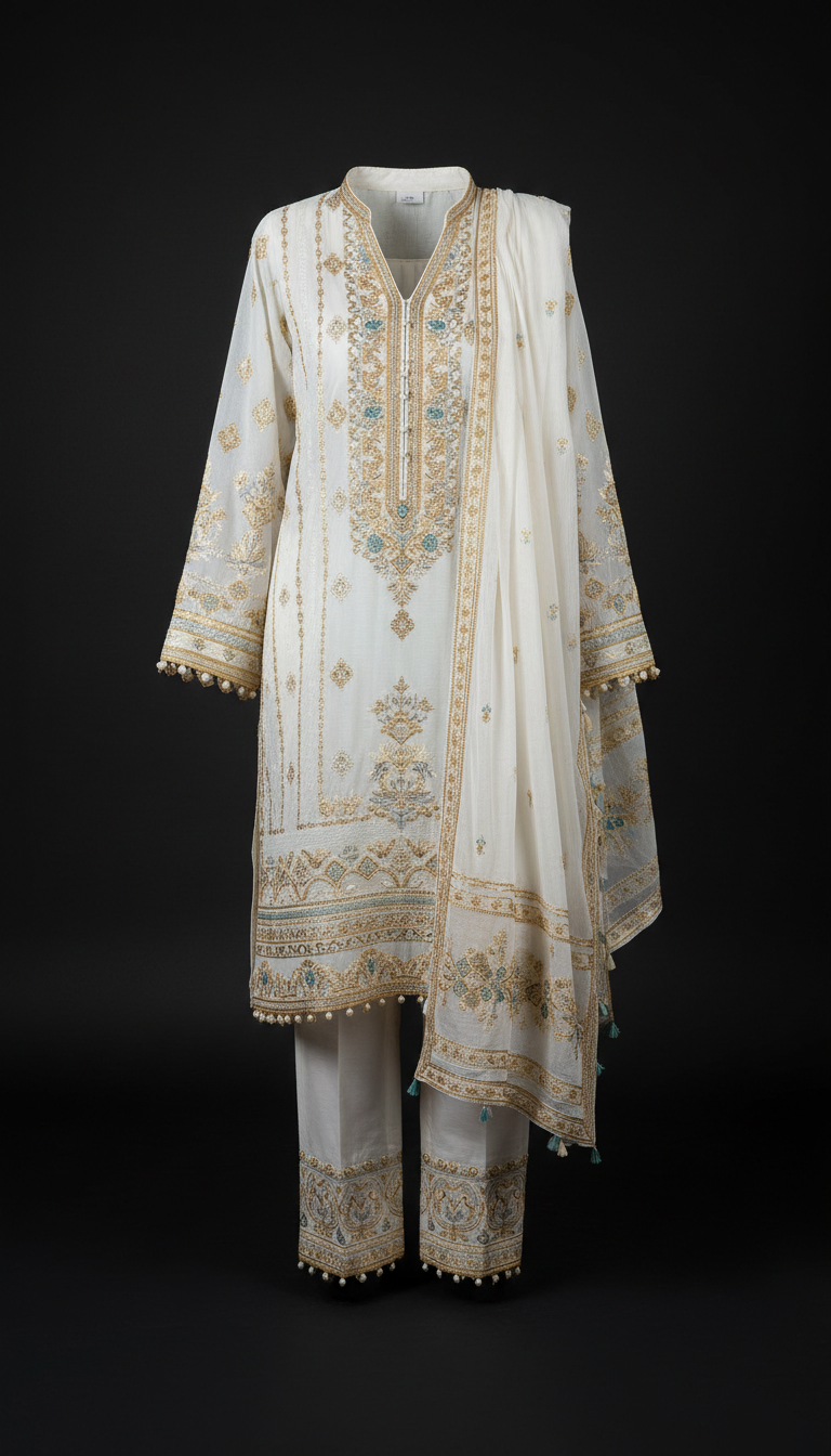 Polished white gold-trimmed lawn suit
