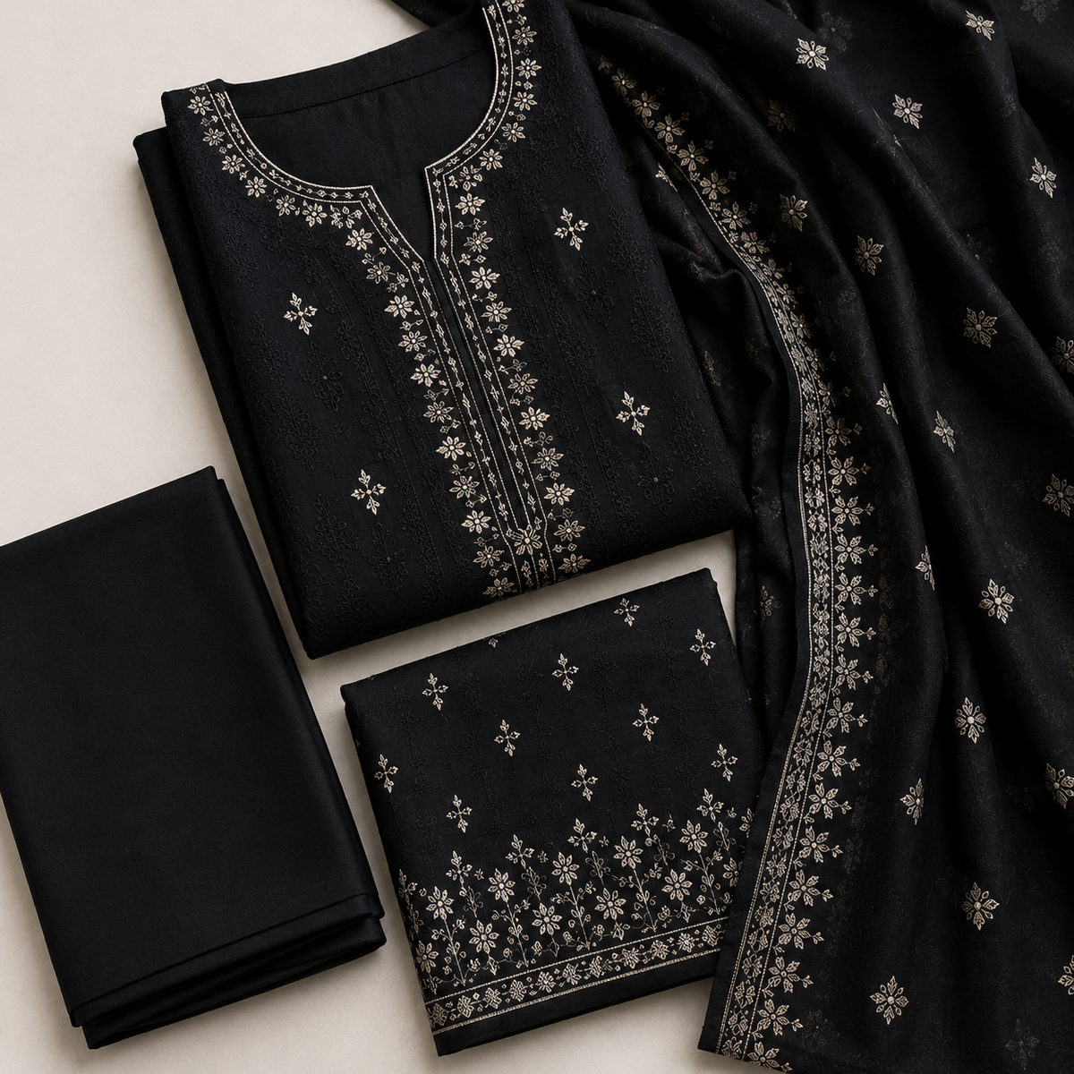 Black Embroidered 3 Piece Unstitched Suit – Dupatta, Kameez & Shalwar