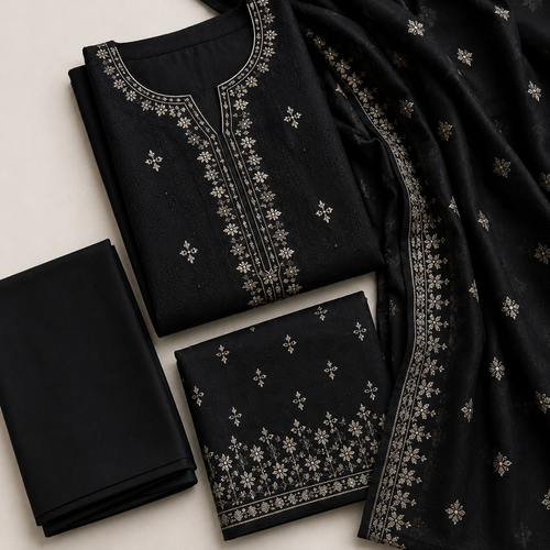 Black Embroidered 3 Piece Unstitched Suit – Dupatta, Kameez & Shalwar