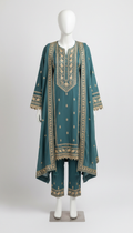 Slate teal accent embroidered lawn suit