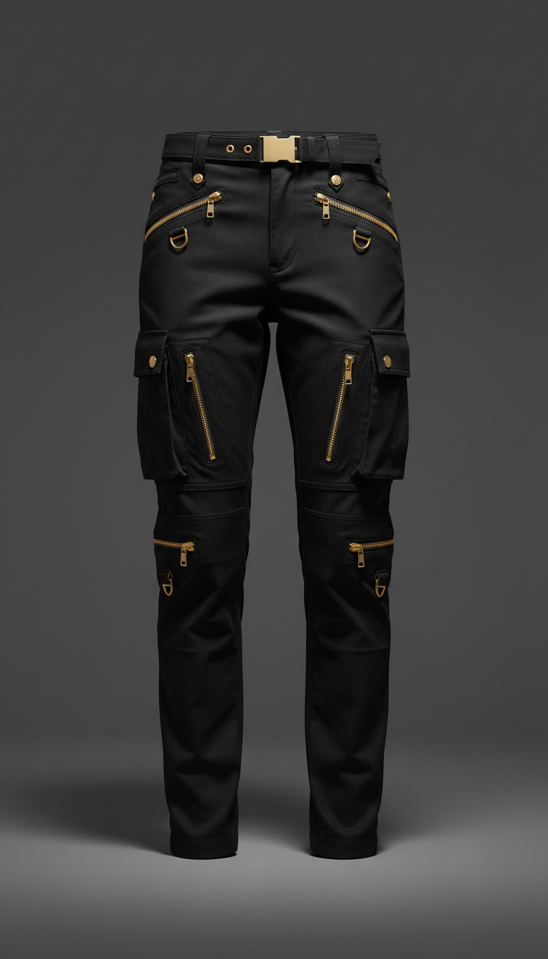 Structured Black Cargo Pants with Gold Hardware
