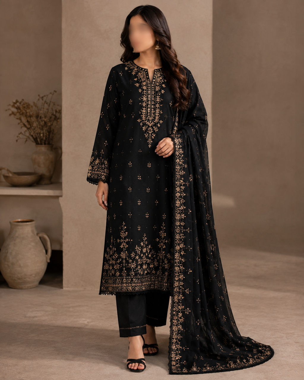 3-Piece Black Embroidered Lawn Suit - Model wearing full outfit