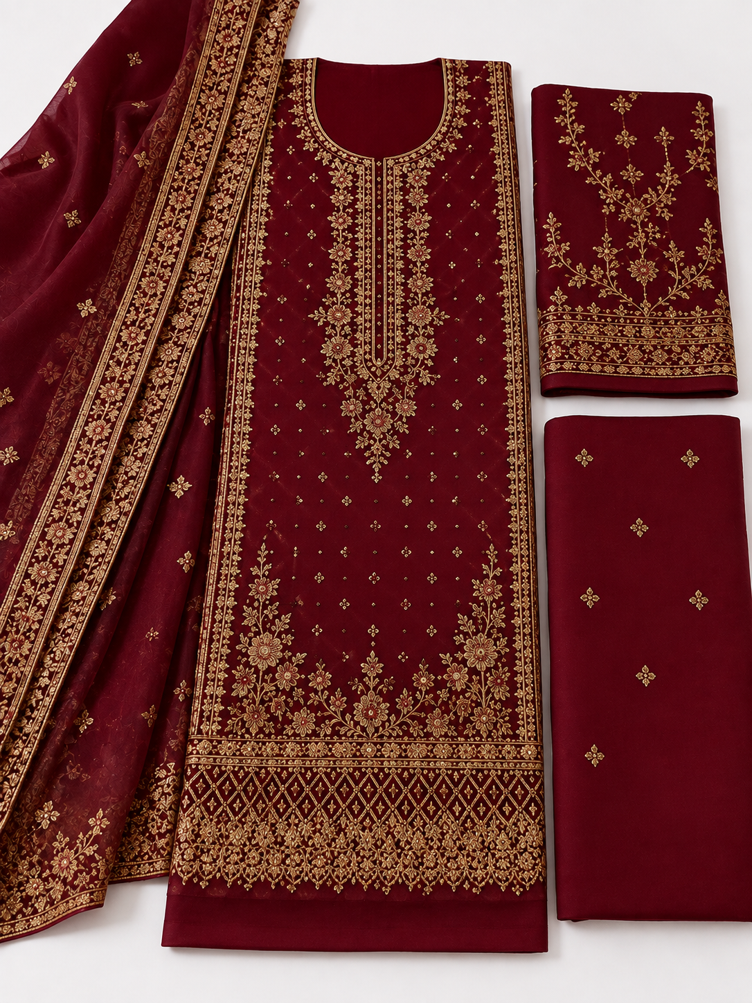 Maroon Embroidered 3-Piece Unstitched Suit