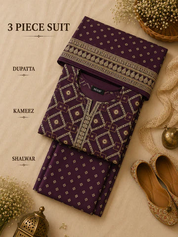 Purple Printed 3 Piece Unstitched Lawn Suit – Dupatta, Kameez & Shalwar