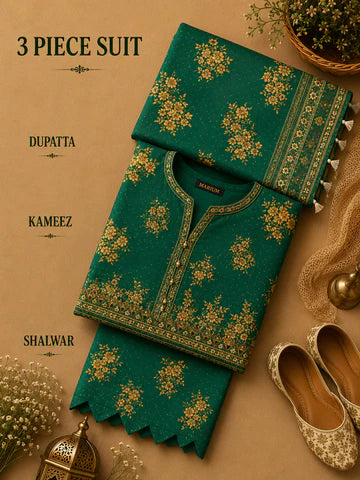 Green Printed 3 Piece Unstitched Lawn Suit – Dupatta, Kameez & Shalwar