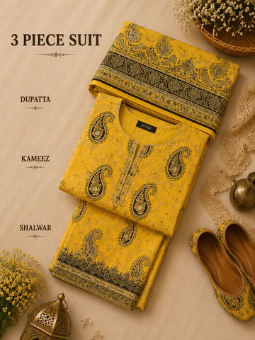 Yellow Printed 3 Piece Unstitched Lawn Suit – Dupatta, Kameez & Shalwar