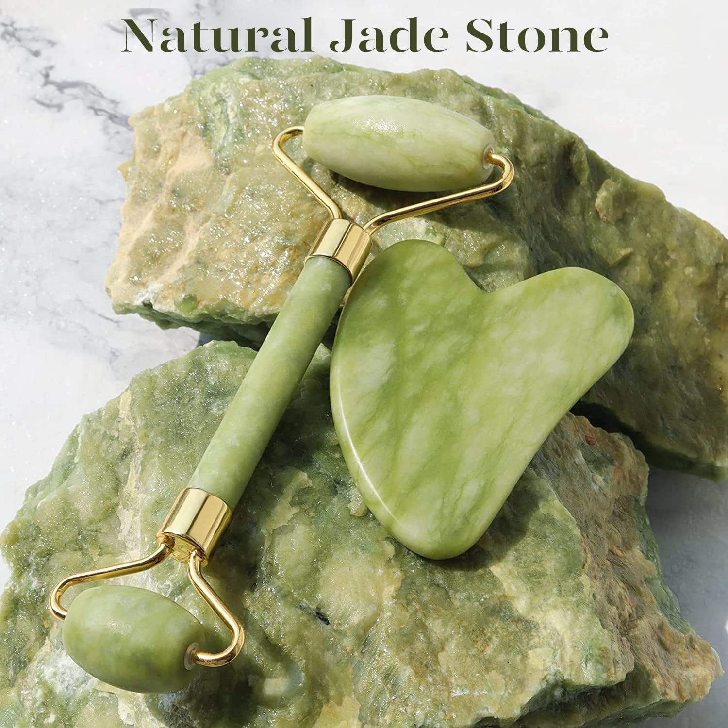 Jade roller and gua sha set flat lay with tulip flower